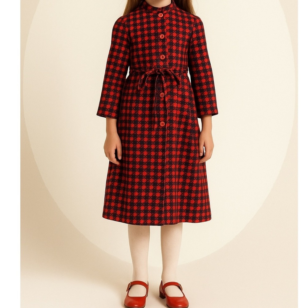 Vintage 70s Childrens‎ Girls Red Navy Houndstooth Plaid Corduroy Button Up Dress